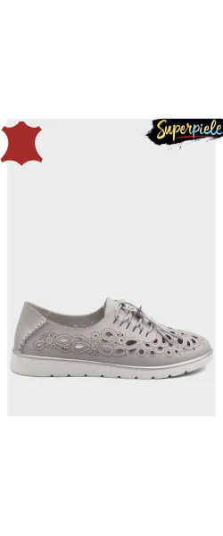 Pantofi casual din piele naturală, culoare grey Leather cu perforații decorative