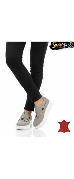 Pantofi casual piele naturală întoarsă,perforați fără șireturi cu talpă înaltă ,cataramă decorativă