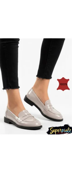 Mocasini casual damă din piele lăcuită, grey Leather, fără slip-on