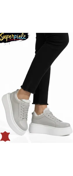 Pantofi casual grey Leather cu blană, din piele, cu talpă înaltă, pentru iarnă
