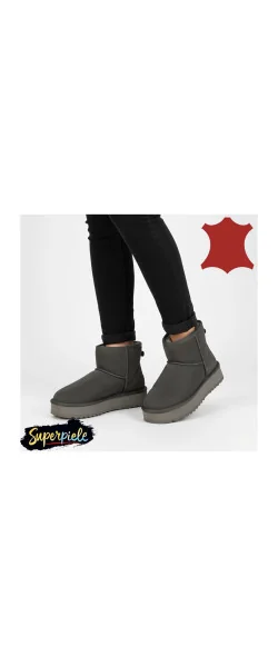 Ghete grey Leather de damă cu căptușeală de blană, din piele întoarsă, model UG