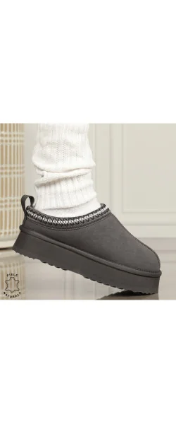 Papuci de iarnă cu talpă înaltă din PIELE ÎNTOARSĂ NATURALĂ CRL12681 CULOARE Beige Leather