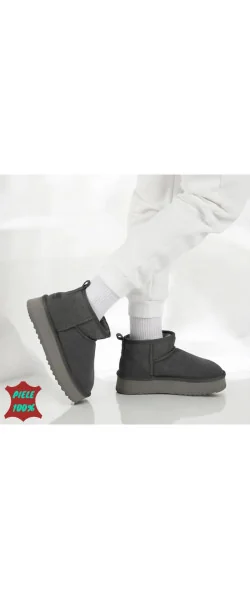 Ghete grey Leather scurte, căptușite cu blană, piele întoarsă