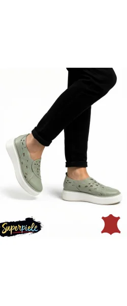 Sneakers dama din piele naturală cu perforație decorative