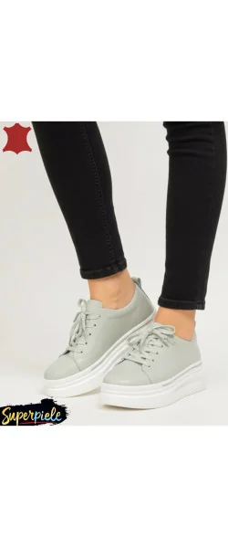 Pantofi casual din piele pentru femei, cu șireturi și vârf rotund