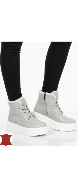 Ghete dama piele naturala grey Leather cu fermoar si șireturi