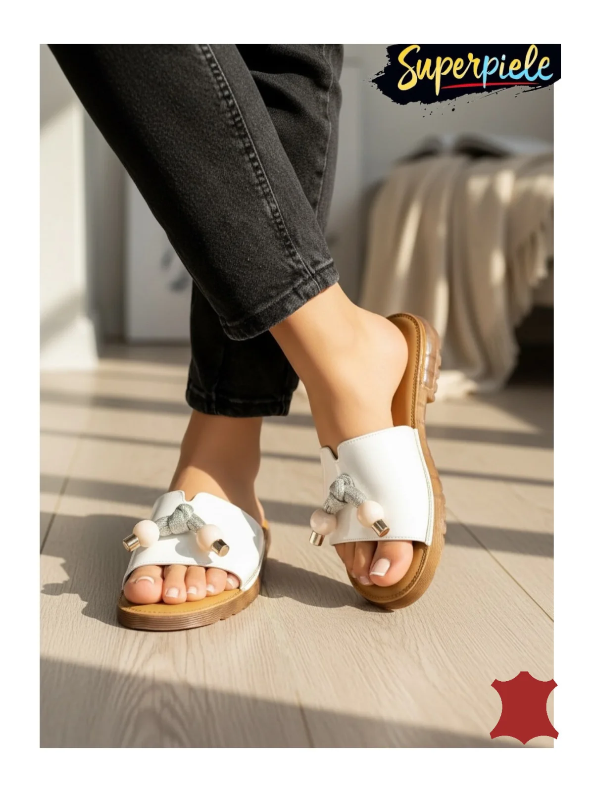 Papuci dama casual din piele naturală cu accesorii decorative