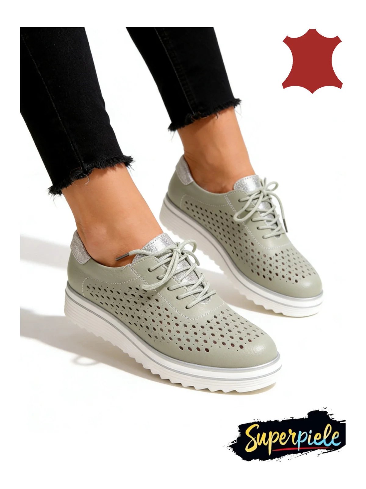 Pantofi Casual Dama perforate din Piele Naturala cu Sclipici Gold Leather |MARKO|