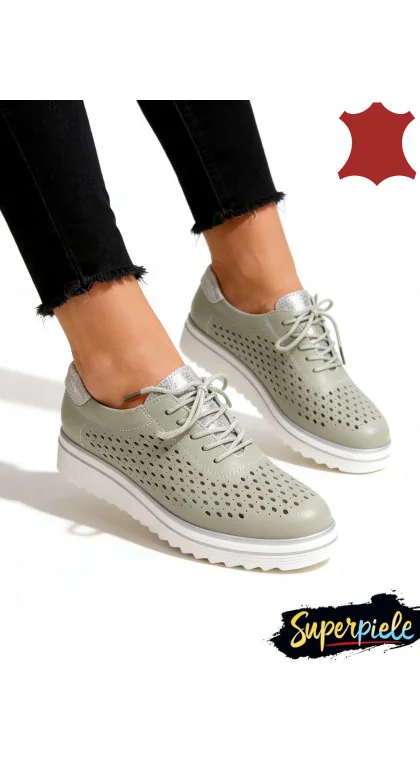 Pantofi Casual Dama perforate din Piele Naturala cu Sclipici Gold Leather |MARKO|