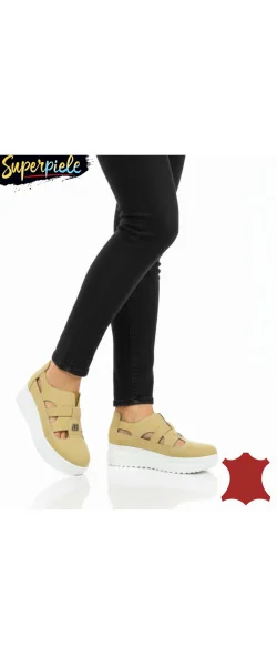 Pantofi casual piele naturală întoarsă,perforați fără șireturi cu talpă înaltă ,cataramă decorativă