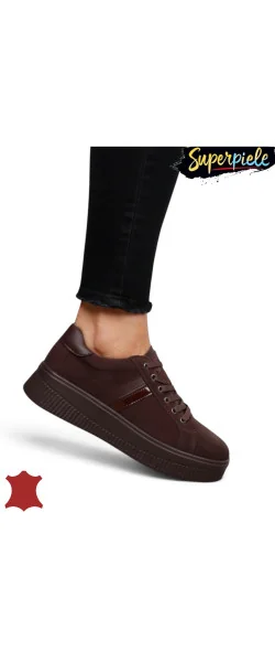 Sneakers din piele naturală – talpă 4 cm, închidere cu șiret