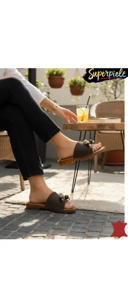 Papuci dama casual din piele naturală cu accesorii decorative