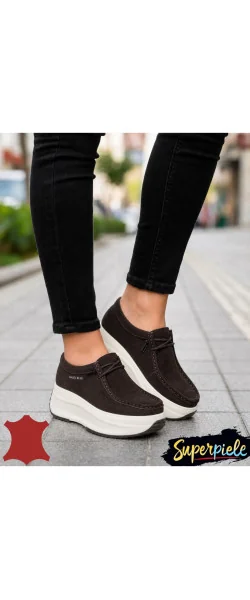 Pantofi Casual Damă din Piele Naturală Întoarsă – Talpă Groasă & Șiret Elastic