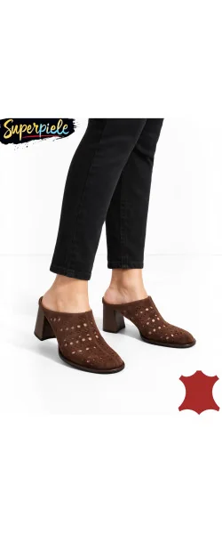 Saboți cu Toc Gros din Piele Naturală Întoarsă – Black Leather
