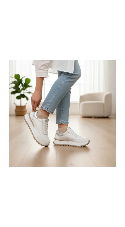 Pantofi casual damă din piele albă și argintie, cu talpă groasă și confortabilă F001-892