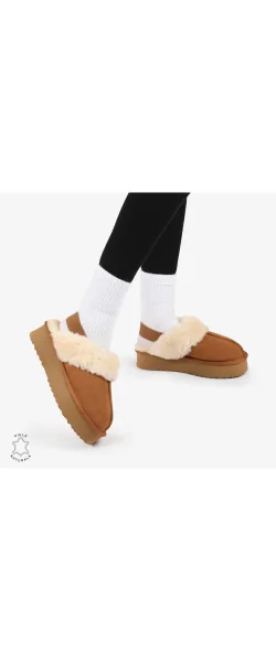 Papuci de iarnă pentru femei din piele naturală cu elastic în spate CRL12691 Culoare Black Leather