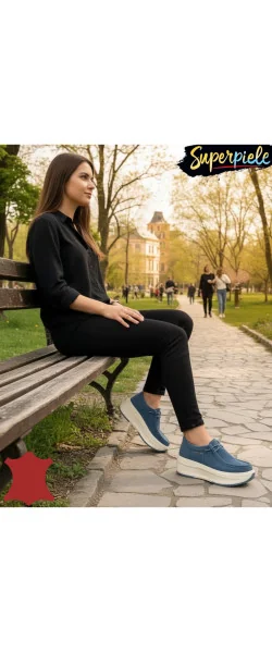 Pantofi Casual Damă din Piele Naturală Întoarsă – Talpă Groasă & Șiret Elastic
