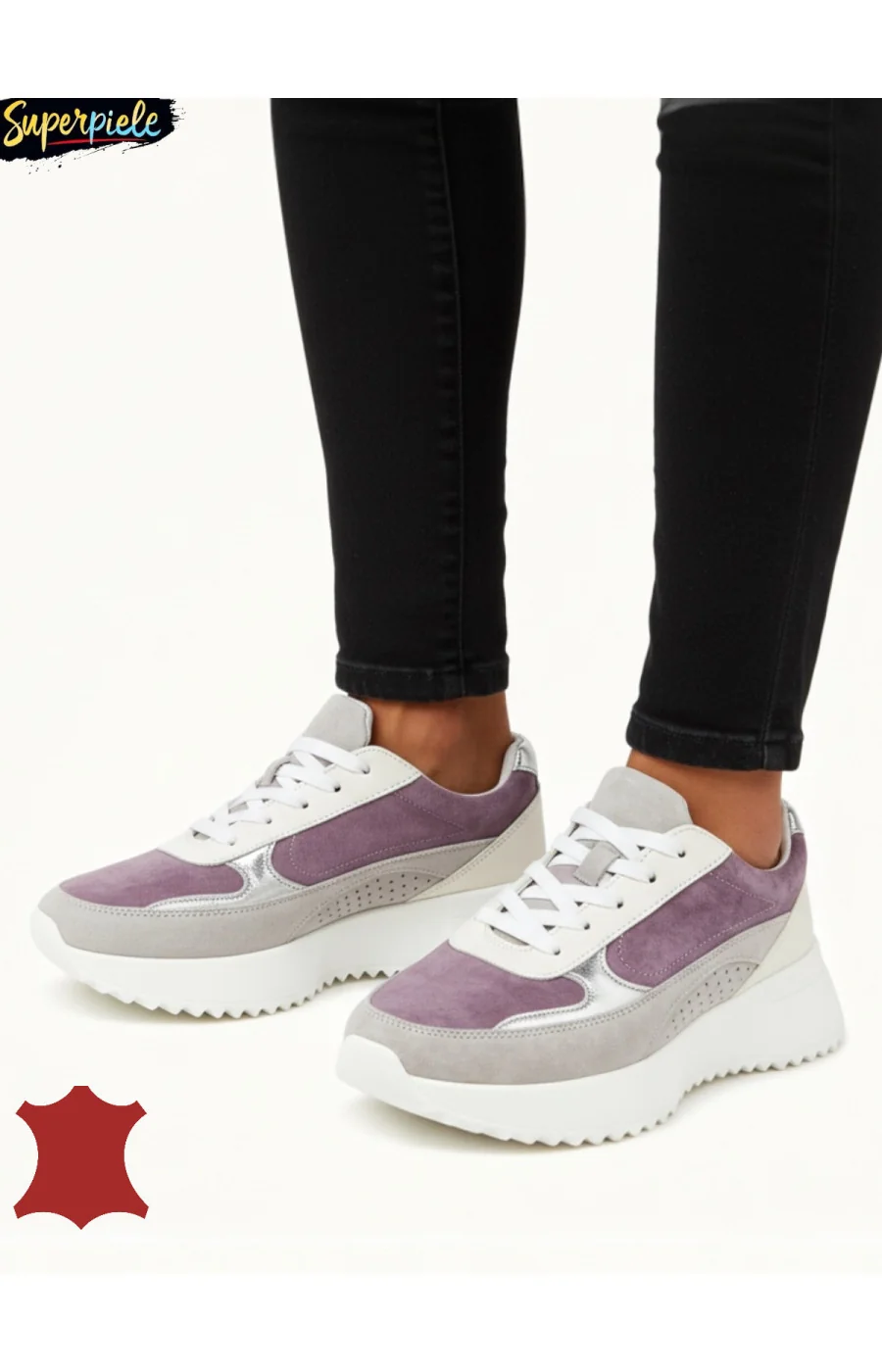 Sneakers damă multicolor căptușite din piele naturală cu talpă groasa