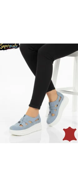 Pantofi casual piele naturală întoarsă,perforați fără șireturi cu talpă înaltă ,cataramă decorativă
