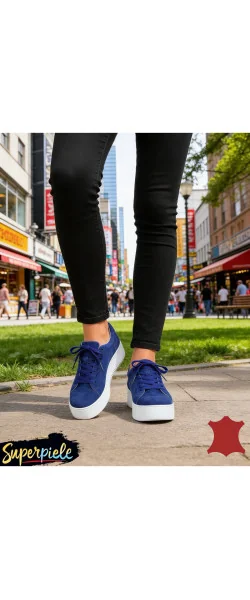 Pantofi casual dama piele naturala intoarsa Blue Leather regal cu talpa alba