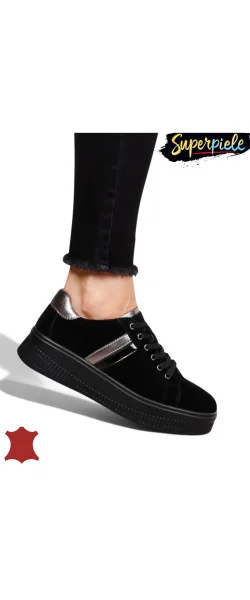 Sneakers din piele naturală – talpă 4 cm, închidere cu șiret