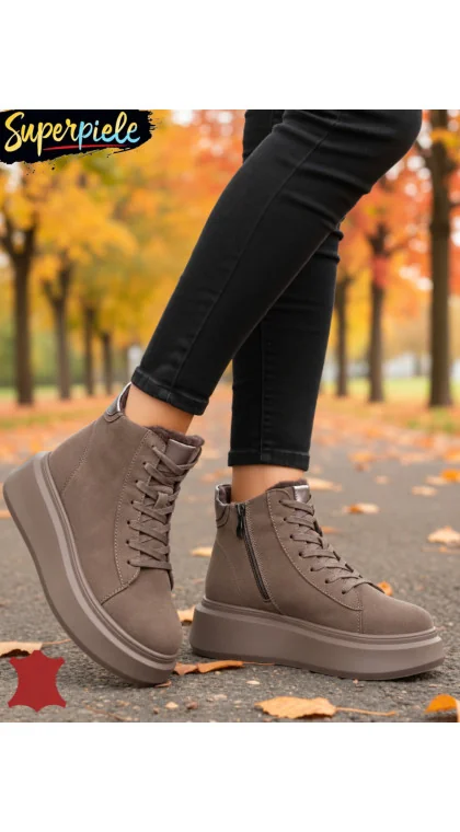 Ghete casual dama piele naturala intoarsa cu talpa groasa de 5 cm