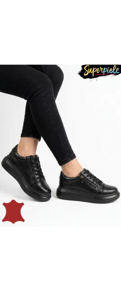 Pantofi casual damă din piele naturală cu fermoar și șiret