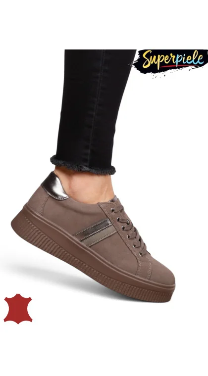 Sneakers din piele naturală – talpă 4 cm, închidere cu șiret