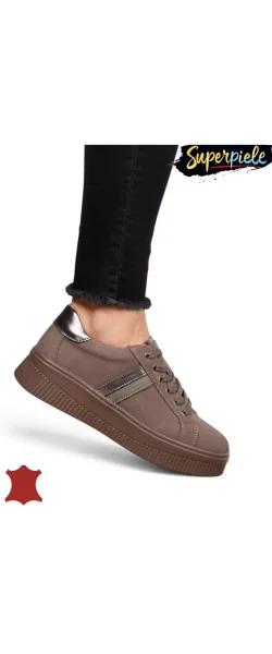 Sneakers din piele naturală – talpă 4 cm, închidere cu șiret