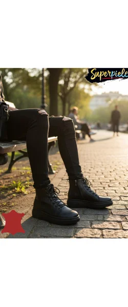 Ghete dama piele naturala îmblănite Cu șireturi și fermoar