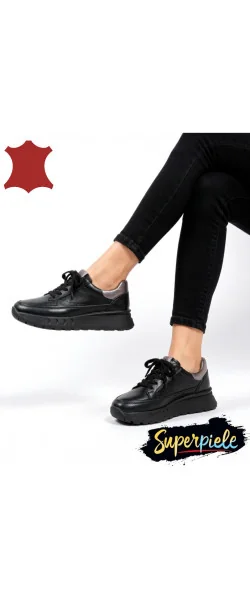 Pantofi casual damă din piele negri, cu talpă groasă și confortabilă F001-892