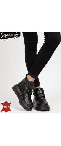 Ghete negre din piele pentru femei, fără șireturi