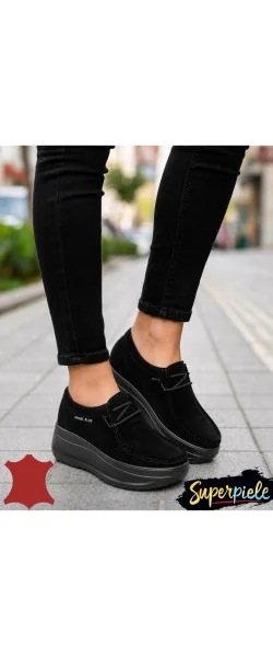 Pantofi Casual Damă din Piele Naturală Întoarsă – Talpă Groasă & Șiret Elastic