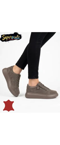 Pantofi casual damă din piele naturală cu fermoar și șiret