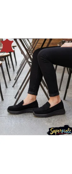 Mocasini damă din piele întoarsă naturală Cu talpa sportivă groasă