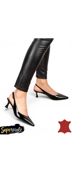 Pantofi eleganți piele naturală lăcuită,cu toc subțire, vârf ascuțit