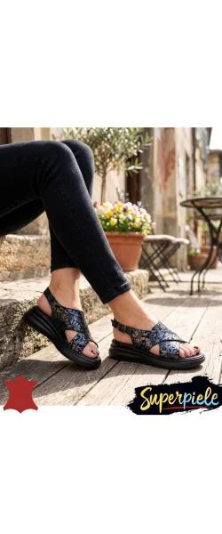 Sandale dama piele naturala intoarsa cu model floral si talpa groasa