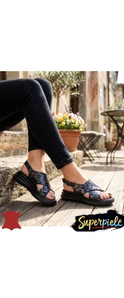 Sandale dama piele naturala intoarsa cu model floral si talpa groasa