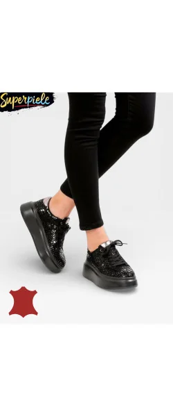 Pantofi casual dama piele naturala intoarsa cu imprimeu lucios si inchidere sireturi
