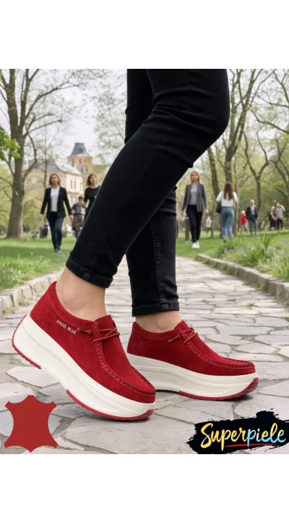 Pantofi Casual Damă din Piele Naturală Întoarsă – Talpă Groasă & Șiret Elastic