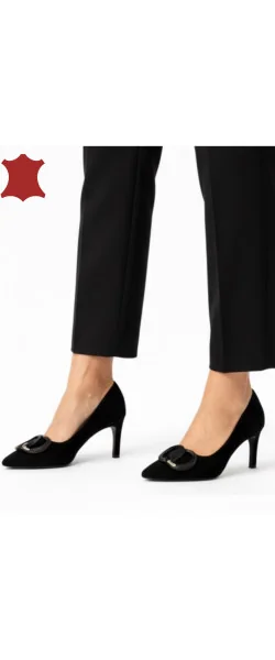 Pantofi eleganți damă cu toc subțire din piele naturală cu catarama decorativă
