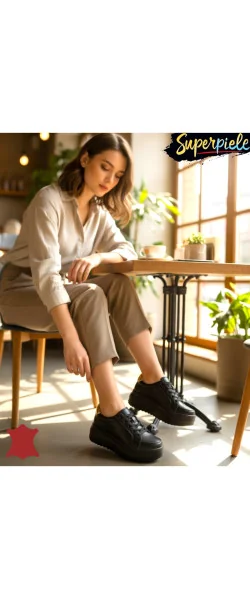 Pantofi casual damă negri cu gold Leather din piele naturală cu talpă înaltă