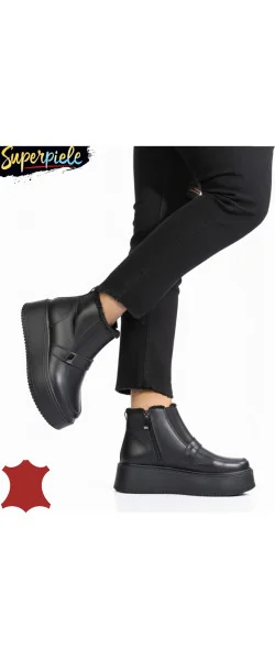 Ghete dama negre piele naturala imblanite cu insertie elastica si inchidere fermoar