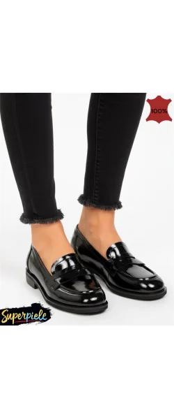 Mocasini casual damă din piele lăcuită, grey Leather, fără slip-on