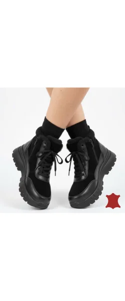 Ghete negre casual dama imblanite, piele naturală cu talpa groasă F001-878