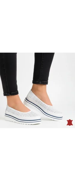 Pantofi casual roșie dama piele naturala albi perforati cu inchidere slip-on