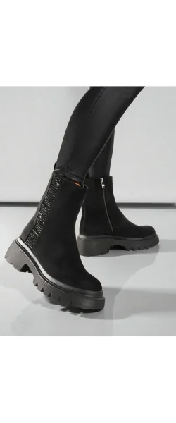 BOTINE casual negre DIN PIELE INTOARSA CU TALPA GROASA SI STRASURI DECORATIVE