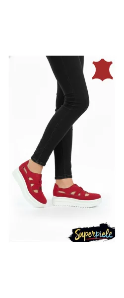 Pantofi casual piele naturală întoarsă,perforați fără șireturi cu talpă înaltă ,cataramă decorativă