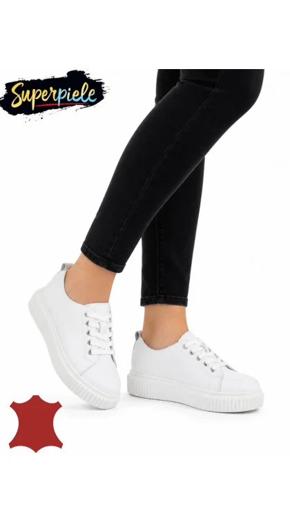 Pantofi casual dama piele naturala albi cu inchidere siret