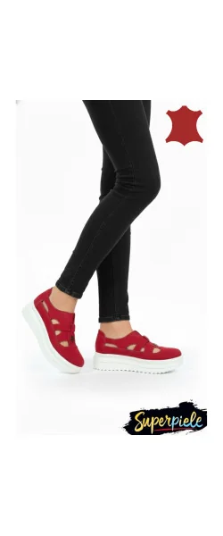 Pantofi casual piele naturală întoarsă,perforați fără șireturi cu talpă înaltă ,cataramă decorativă